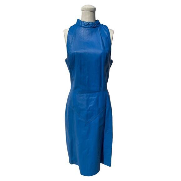 Vintage 80s Ambria Blue Leather Fitted Sleeveless High Neck‎ Dress Size 10 - Picture 1 of 13